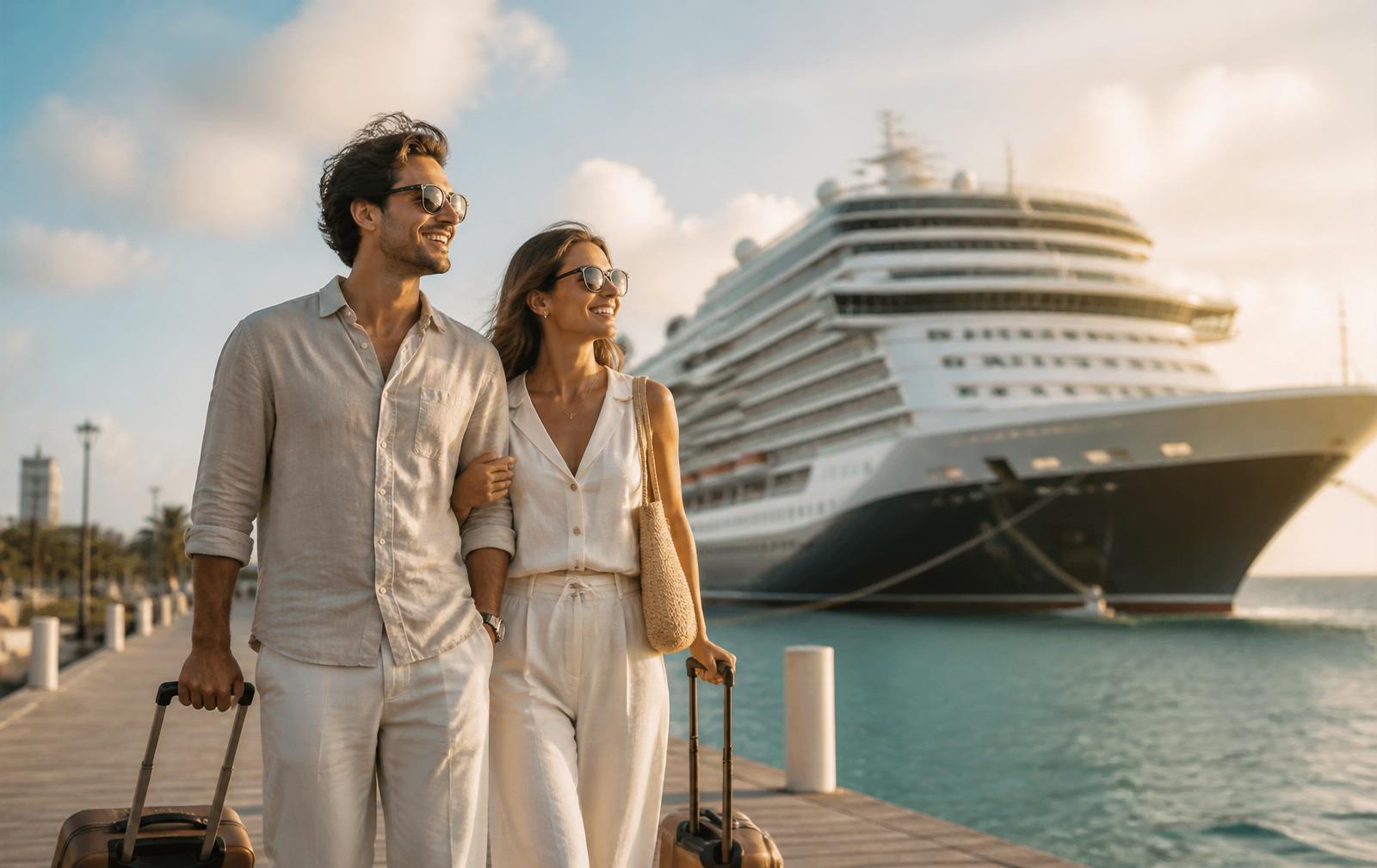 Casal feliz caminhando em direção ao navio de cruzeiro