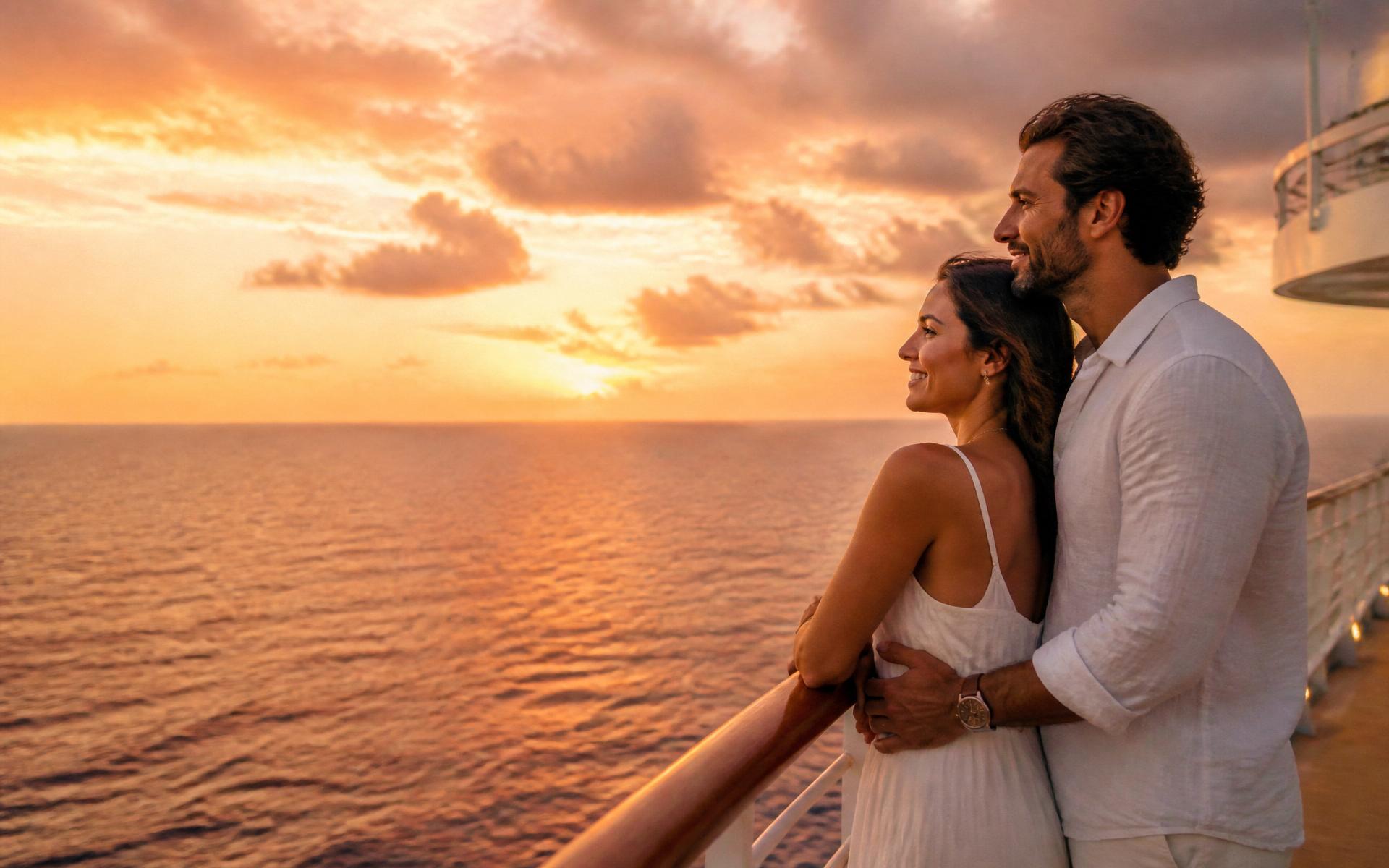 Casal admirando o pôr do sol no convés de um cruzeiro