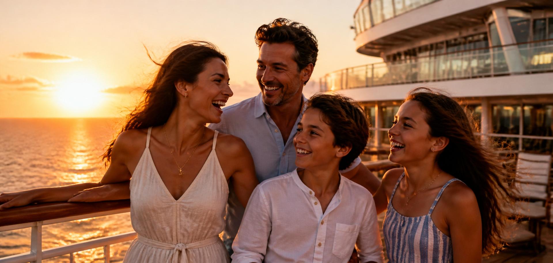 Família feliz no convés de um navio de cruzeiro ao pôr do sol